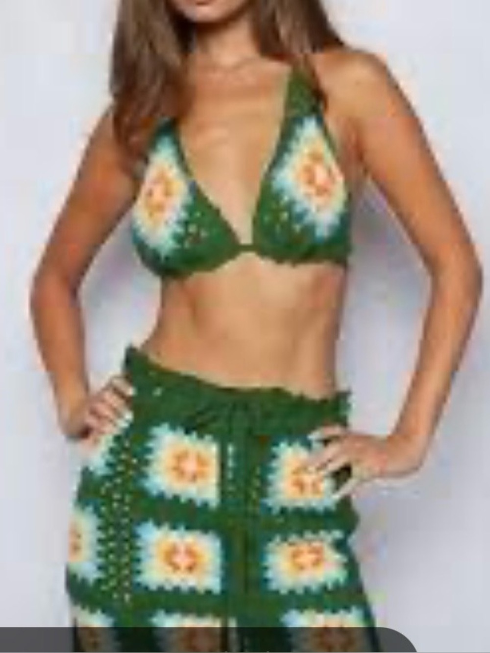 POL Green Crochet Top with Multicolor Granny Square Accent Top and Skirt